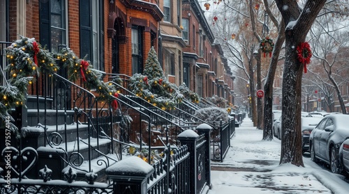 Row of colorful Brooklyn, New York town houses with snow in winter photo