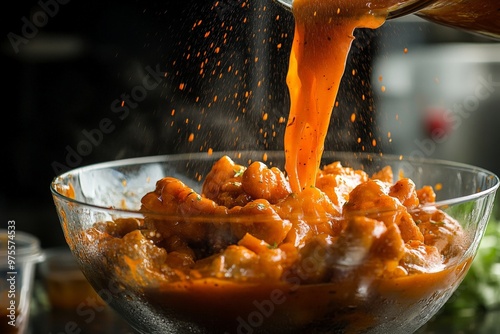 Gourmet seafood stew with spicy tomato broth in glass bowl photo