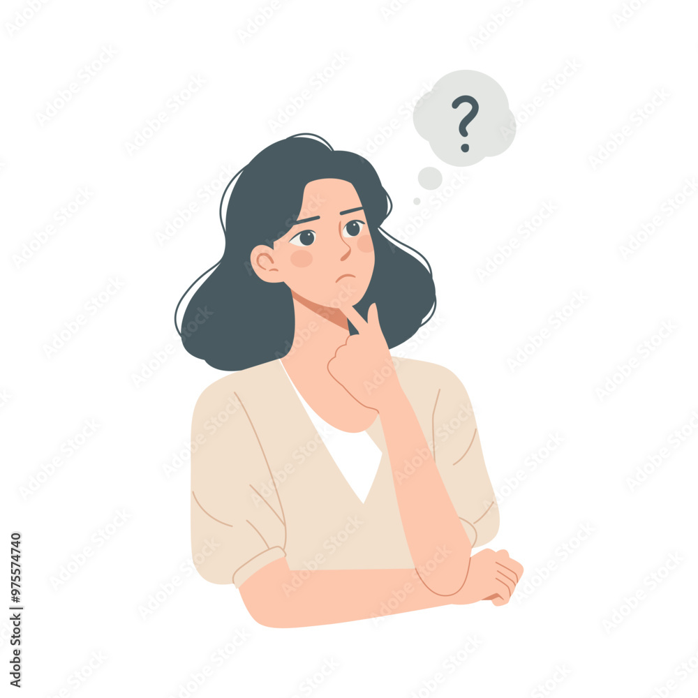 Flat Vector Cartoon of Woman Thinking, Simple Girl Character Flat Vector Cartoon of Woman Thinking, Simple Girl Character
