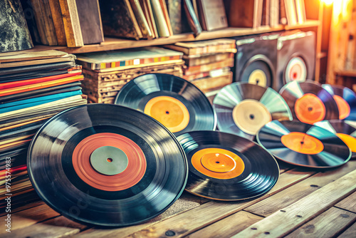 Vintage vinyl records stacked with colorful, faded album covers in muted retro tones. photo