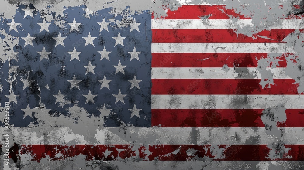 Weathered American flag painted on a concrete wall.