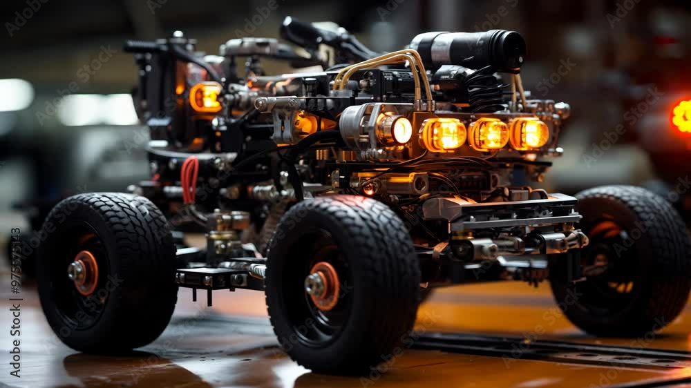 A detailed robotic car model with lights in a workshop at night A detailed robotic car model with lights in a workshop at night