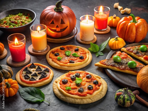 A colorful and spooky spread of Halloween-themed treats, including jack-o'-lantern pizzas, witches' hat cookies, and photo