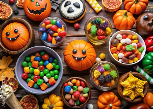 A colorful arrangement of affordable and creative Halloween treats, including candies, nuts, and small toys, ideal for