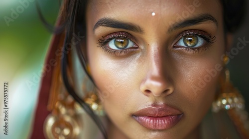 A woman with brown hair and brown eyes is wearing gold earrings