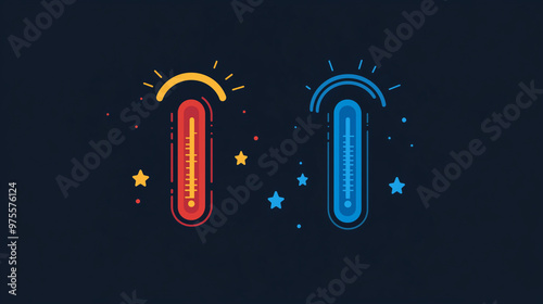 The red and blue thermometers display temperature on a dark background. photo