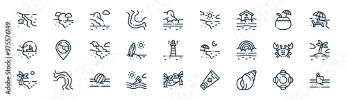 27 set of outline coastline icons such as lifebuoy, sun, cliff, coconut, suroard, island, beach, sand bucket vector thin line icons for web design, mobile app.