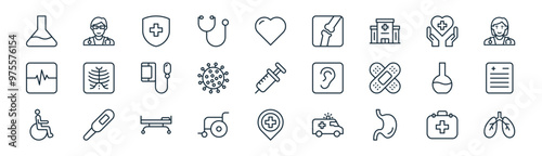 27 set of outline hospital icons such as first aid, doctor, protection, health, virus, medical report, location pin, lungs vector thin line icons for web design, mobile app.