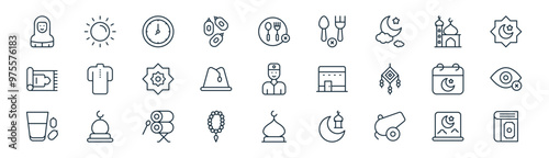 27 set of outline ramadan icons such as night, sun, clock, mosque, cap, no view, mosque, quran vector thin line icons for web design, mobile app.