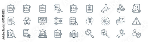 27 set of outline assessment icons such as quality, assessment, test, process, adjustment, limitation, learning, reliability vector thin line icons for web design, mobile app.
