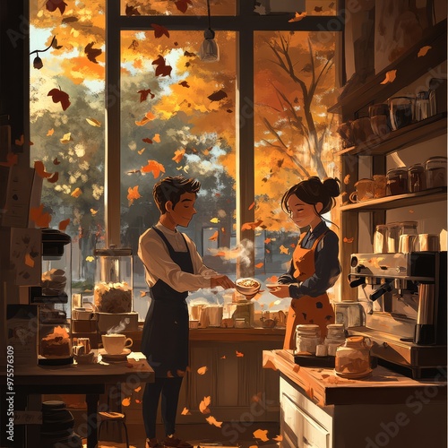 Inside the cafe, soft jazz plays in the background. A barista wearing an autumn-themed apron prepares a latte, while a young customer gazes out the window at the falling leaves. photo