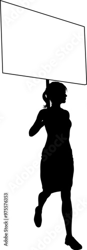 Protestor or demonstrator at a demonstration march, picket line or strike protest rally in silhouette. Holding up a banner or picket sign board placard.