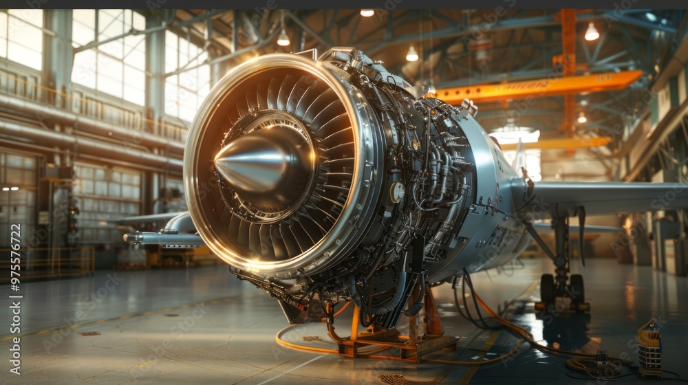 Obraz premium A large jet engine is on display in a hangar