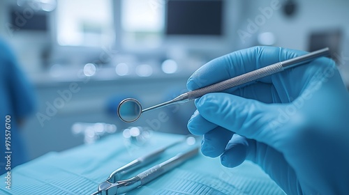 Close-Up View of Dental Tools Arranged for Precision and Care in a Modern Dental Clinic 近代的な歯科医院で精密さと注意をもって配置された歯科用器具のクローズアップ.Generative AI