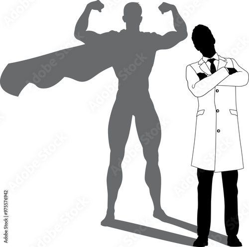 A superhero male scientist, engineer, doctor or teacher in a lab white coat man. Revealed by his shadow silhouette as a super hero in a cape.