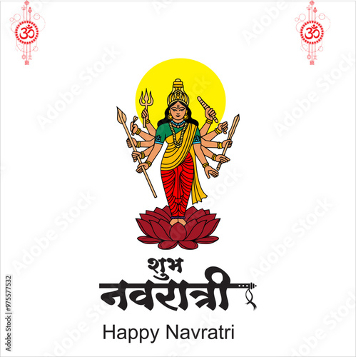 Happy Navratri festival celebration poster or banner design, illustration of Goddess Durga Maa, woman dancing with dandiya stick and drummer