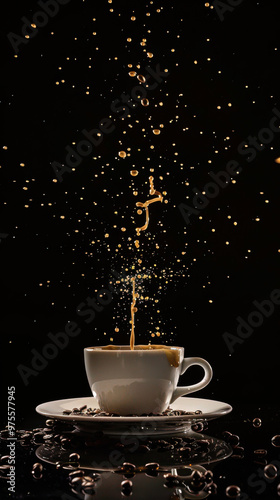 Coffee splashes from a cup against a dark background during a dynamic motion capture