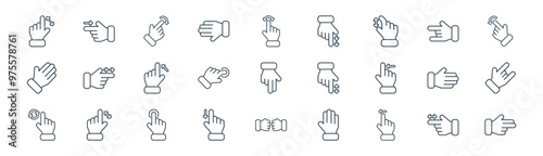 27 set of outline hand gestures icons such as scroll, drag right, swipe right, hand gesture, right click, hand gesture, fist bump, pointing vector thin line icons for web design, mobile app.