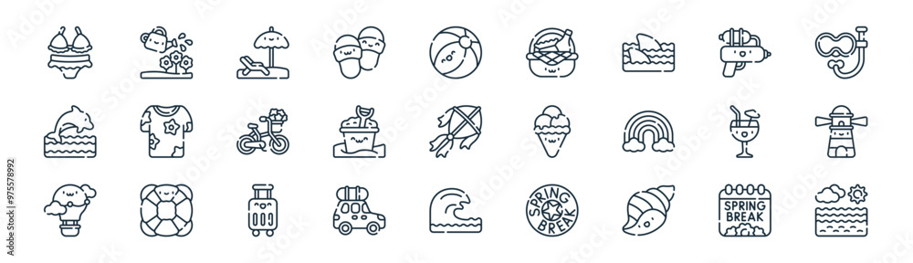 27 set of outline spring break icons such as spring break, watering can, sunbed, water gun, bucket, lighthouse, wave, beach vector thin line icons for web design, mobile app. 27 set of outline spring break icons such as spring break, watering can, sunbed, water gun, bucket, lighthouse, wave, beach vector thin line icons for web design, mobile app.