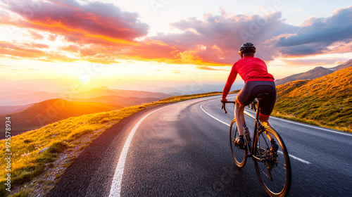 Cycling into the Sunset: A lone cyclist pedals towards a breathtaking sunset, the winding road leading them through a majestic mountain landscape. The image evokes a sense of freedom, determination, a