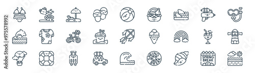 27 set of outline spring break icons such as spring break, watering can, sunbed, water gun, bucket, lighthouse, wave, beach vector thin line icons for web design, mobile app.
