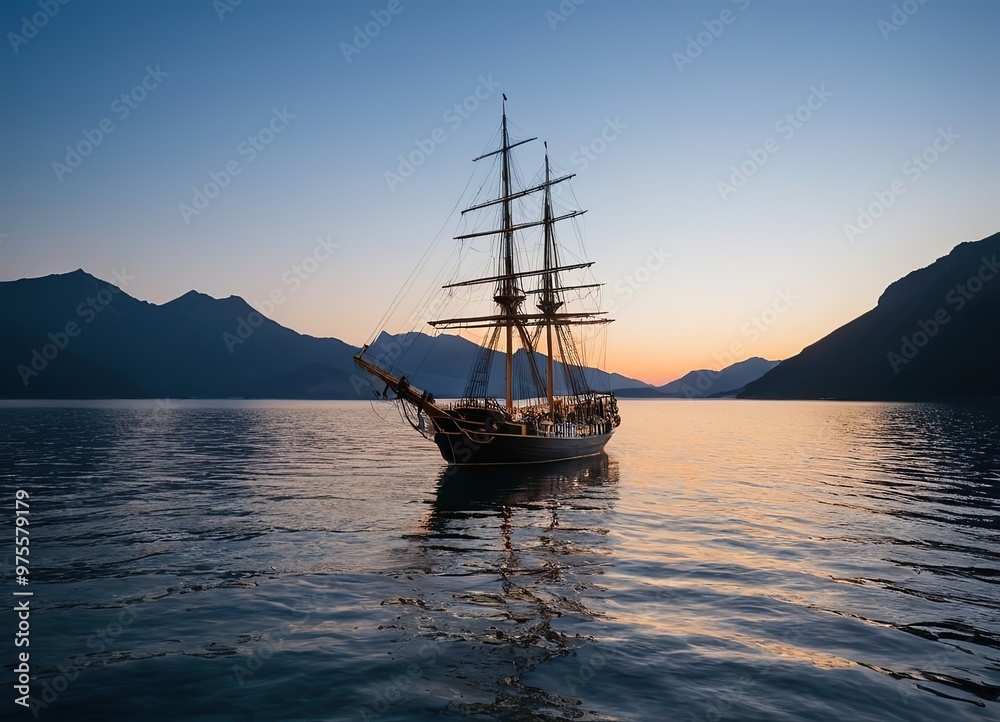 Obraz premium A beautiful sailboat is gently floating on the calm water during sunset