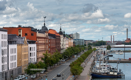 Aerial drone urban landscape Helsinki cityscape capital of Finland. #975579129