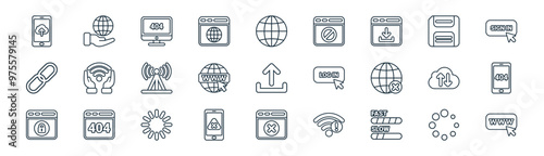 27 set of outline web and internet icons such as loading, world wide web, error, save, www,  , not found, www click vector thin line icons for web design, mobile app.