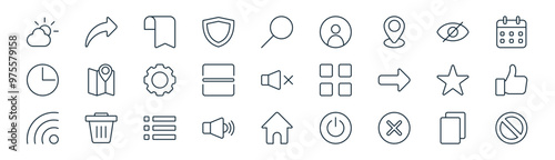 27 set of outline essentials icons such as copy, share, bookmark, hide, qr code scan, like, home button, block vector thin line icons for web design, mobile app.