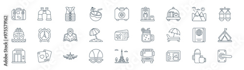 27 set of outline travel and hotels icons such as thermo, binoculars, life jacket, hills, outdoor umbrella, camp, eiffel tower, door lock vector thin line icons for web design, mobile app.