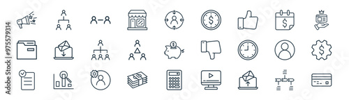 27 set of outline business icons such as flow chart, group, partnership, calendar, team, gear, calculator, atm card vector thin line icons for web design, mobile app.