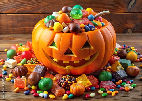 A colorful heap of assorted candies and chocolates overflowing from a plastic pumpkin container, representing a typical photo