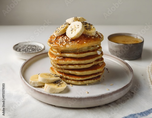 Gluten-free pancakes stacked high, drizzled with almond butter with fresh bananas and chia seeds photo