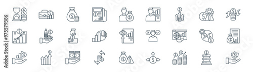 27 set of outline investment icons such as data, business, money bag, reduction, chart, information, investment, save vector thin line icons for web design, mobile app.
