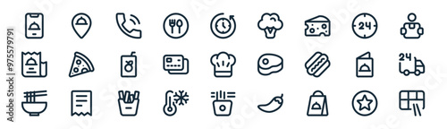 27 set of outline food delivery icons such as review, address, call, hour, credit card, delivery, noodles, bento vector thin line icons for web design, mobile app.