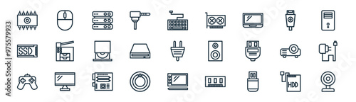 27 set of outline electronic icons such as hdd, mouse, server, usb, hdd, charger, pen tablet, webcam vector thin line icons for web design, mobile app.