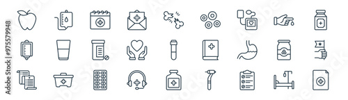 27 set of outline hospital icons such as intravenous saline drip, drip, appointment, blood, heart, flag, medicine, document vector thin line icons for web design, mobile app.