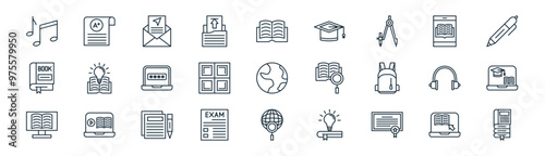 27 set of outline online education icons such as elearning, student grades, send, elearning, blocks, elearning, search, book stack vector thin line icons for web design, mobile app.