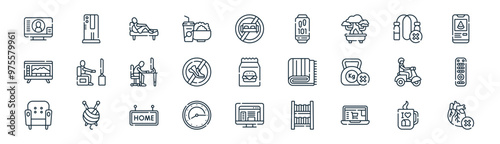 27 set of outline sedentary lifestyle icons such as tea, console, sedentary life, rope, walk, remote control, computer, heart vector thin line icons for web design, mobile app.