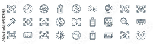 27 set of outline camera interface icons such as eye scanner, timer, shutter, blur, auto flash, fluorescent, back, filter vector thin line icons for web design, mobile app.