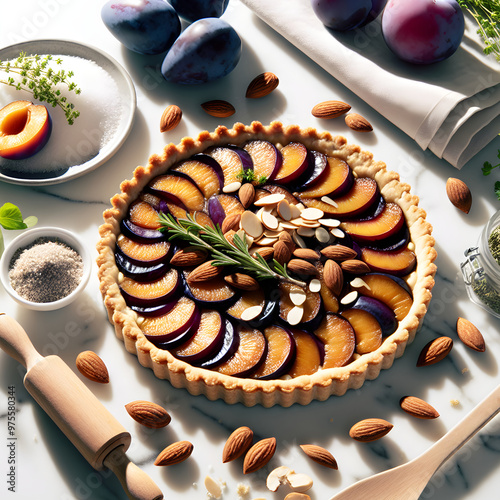 Quetschentaart Plum Tart on White Marble Counter