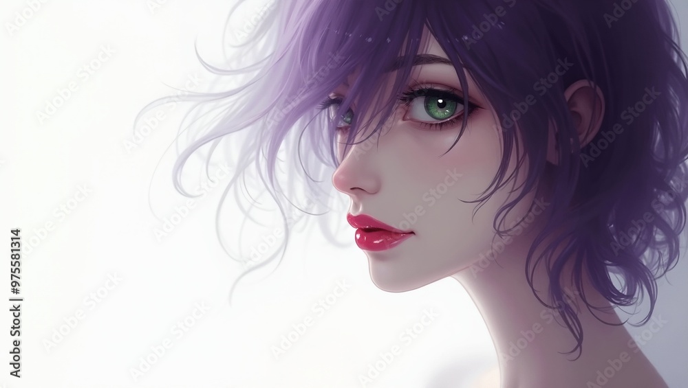 Ethereal portrait of a mysterious woman with purple hair and captivating green eye Ethereal portrait of a mysterious woman with purple hair and captivating green eye