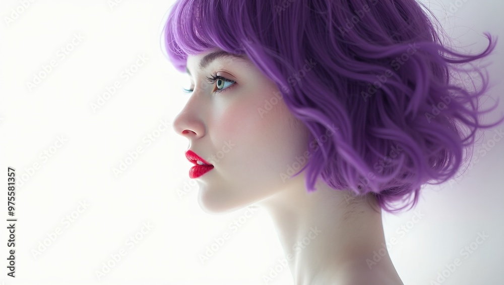 Minimalist portrait of a woman with purple hair bright red lips and a green eye Minimalist portrait of a woman with purple hair bright red lips and a green eye