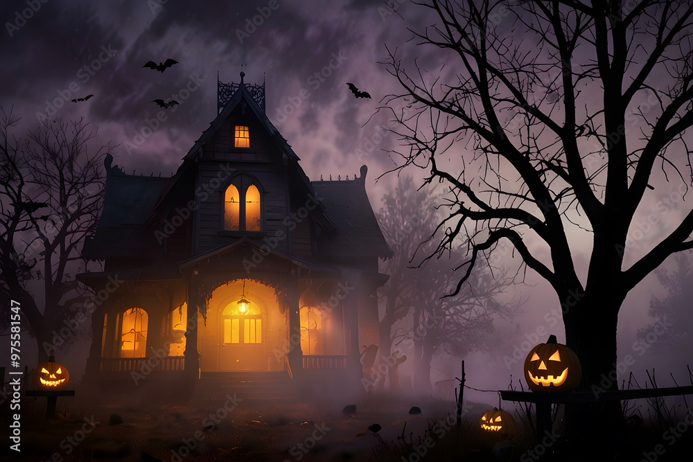 Happy halloween banner or party invitation background with violet fog clouds and pumpkins Happy halloween banner or party invitation background with violet fog clouds and pumpkins