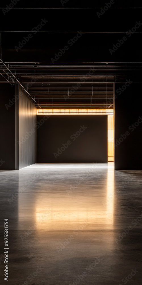 Empty warehouse with golden like lighting in dark colors. Commercial Real Estate interiors concept image Empty warehouse with golden like lighting in dark colors. Commercial Real Estate interiors concept image