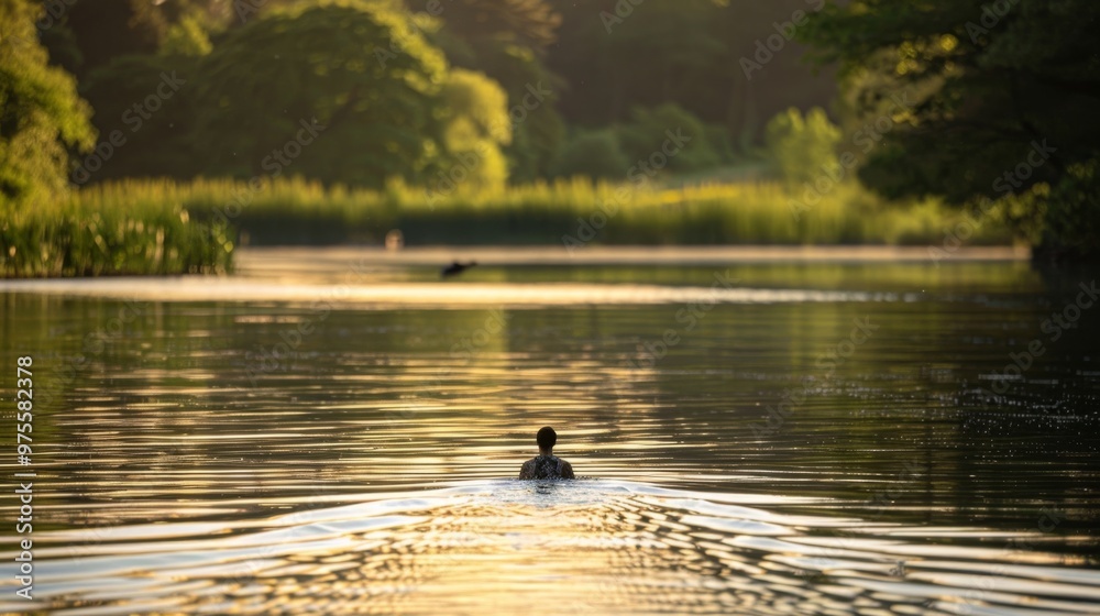 A peaceful sunset scene with a person swimming in a calm lake surrounded by lush greenery and shimmering water reflections. A peaceful sunset scene with a person swimming in a calm lake surrounded by lush greenery and shimmering water reflections.