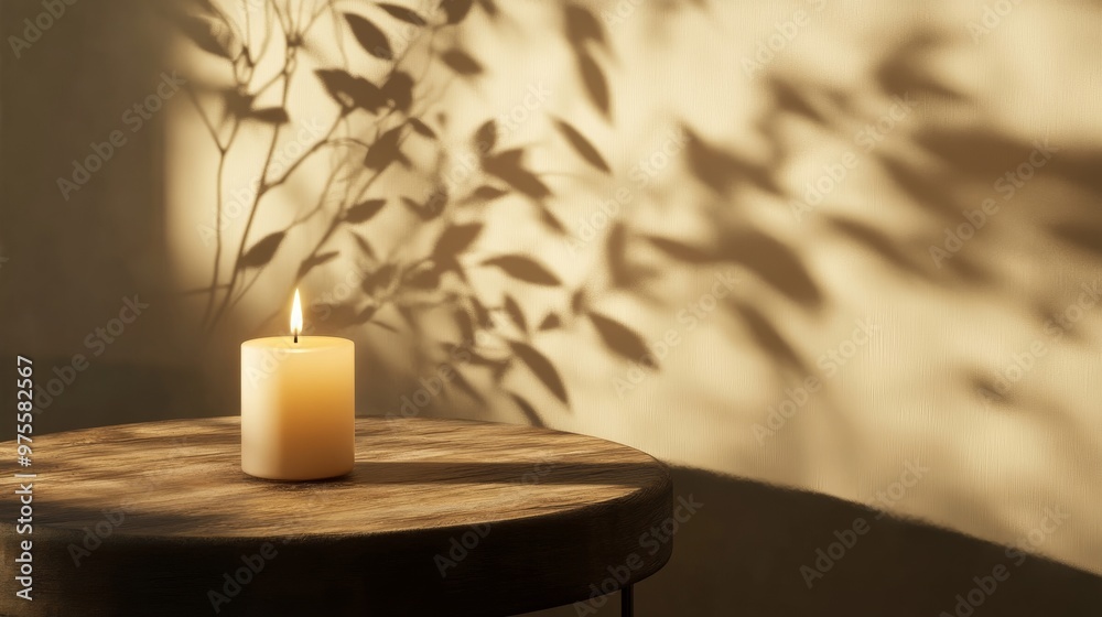 Lit candle on wooden table with leaf shadows on wall, cozy atmosphere