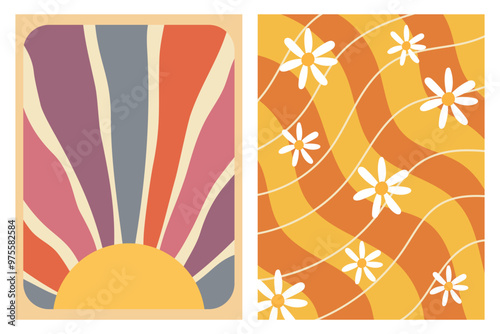 Abstract Retro Sun and Daisies with Wavy Lines