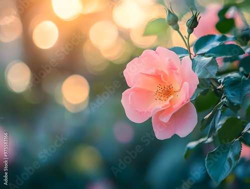 Rosa Damascena, known as the Damascus rose - pink, oleaginous, flowering, deciduous shrub plant. Valley of Roses. Close-up. Taillight. Selective focus photo