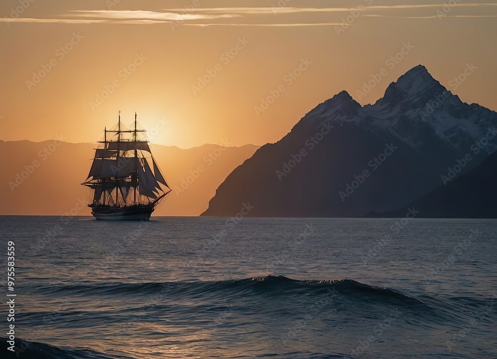Fototapeta premium A beautiful sailboat is gently floating on the calm water during sunset